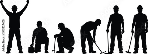 Set of worker silhouettes with cleaning and maintenance tools janitor staff industrial labor team standing kneeling sweeping isolated vector style collection for design use
