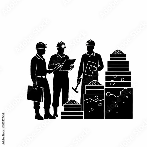 Three miners in hard hats examining ore samples and documents.