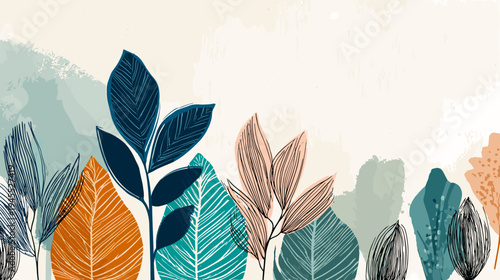 Decorative Illustration of Stylized Leaves in Soft Colors and Abstract Shapes for Modern Decor