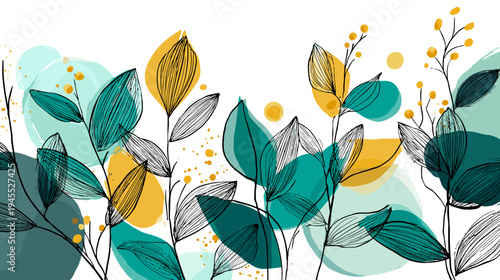 Decorative Illustration of Stylized Leaves in Soft Colors and Abstract Shapes for Modern Decor