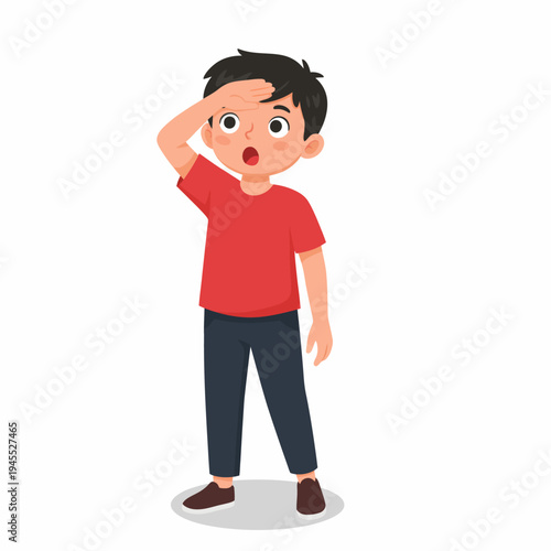 Boy Looking Ahead with His Hand on Forehead Illustration