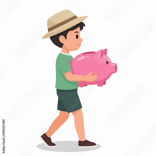 Boy Carries a Pink Piggy Bank Towards Savings Goals