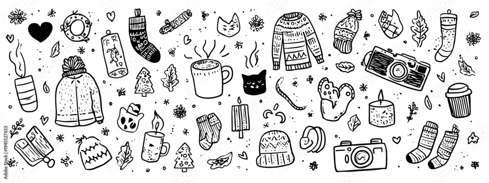 Fototapeta premium Charming Hand-Drawn Winter Themed Illustration Featuring Cats, Sweaters, and Festive Elements