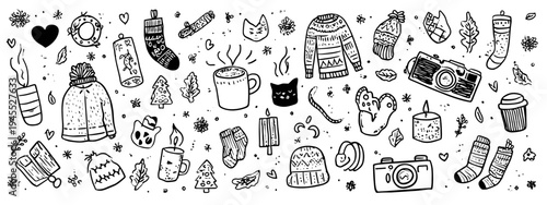 Charming Hand-Drawn Winter Themed Illustration Featuring Cats, Sweaters, and Festive Elements
