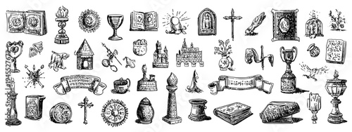 Medieval Heraldry and Knight Symbols Icon Set in Vintage Engraving Style Middle Age
