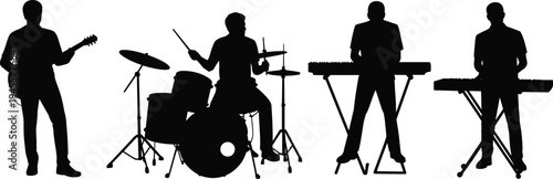 Silhouette of live music band performing with guitarist, drummer and keyboard players, rock concert musicians isolated on white background, stage performance entertainment concept