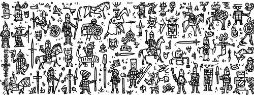 Medieval Heraldry and Knight Symbols Icon Set in Vintage Engraving Style Middle Age
