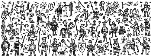 Medieval Heraldry and Knight Symbols Icon Set in Vintage Engraving Style Middle Age
