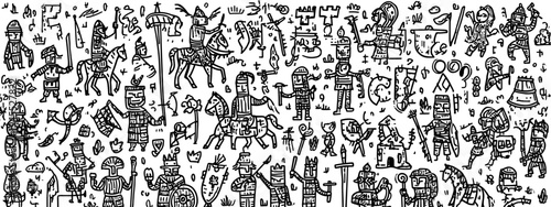 Medieval Heraldry and Knight Symbols Icon Set in Vintage Engraving Style Middle Age
