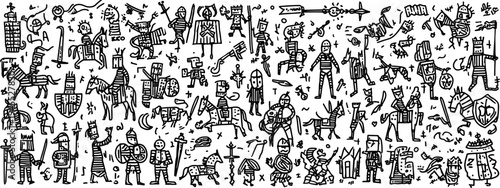 Medieval Heraldry and Knight Symbols Icon Set in Vintage Engraving Style Middle Age
