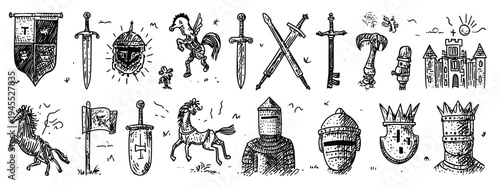 Medieval Heraldry and Knight Symbols Icon Set in Vintage Engraving Style Middle Age
