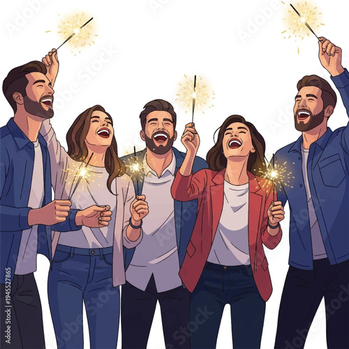 Group of friends with sparklers celebrating.