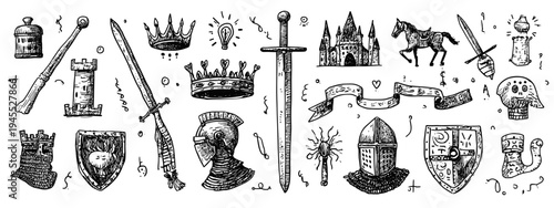 Medieval Heraldry and Knight Symbols Icon Set in Vintage Engraving Style Middle Age
