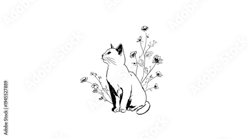 Graceful Cat Sitting Among Wildflowers in a Serene Outdoor Setting