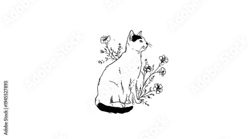 Graceful Cat Sitting Among Wildflowers in a Serene Outdoor Setting