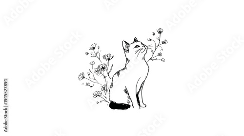 Graceful Cat Sitting Among Wildflowers in a Serene Outdoor Setting