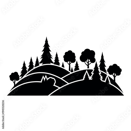 Forest landscape silhouette with trees and hills.