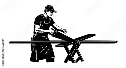Monochrome Illustration of a Carpenter Sawing Wood on a Sawhorse.
