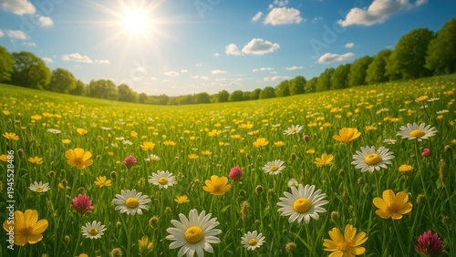 Vibrant meadow under sunny sky desktop wallpaper