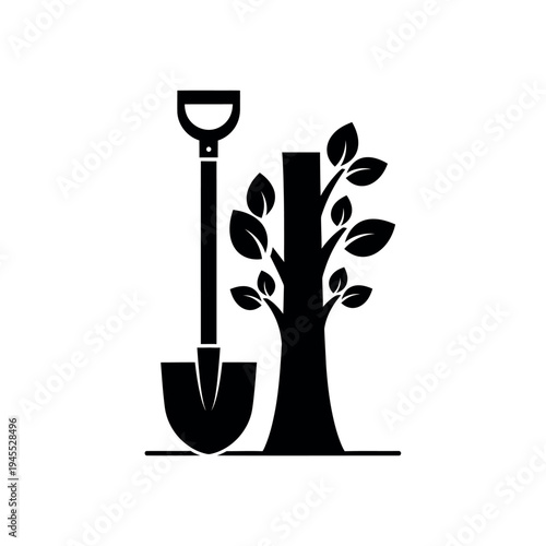 Tree planting shovel and sapling icon.