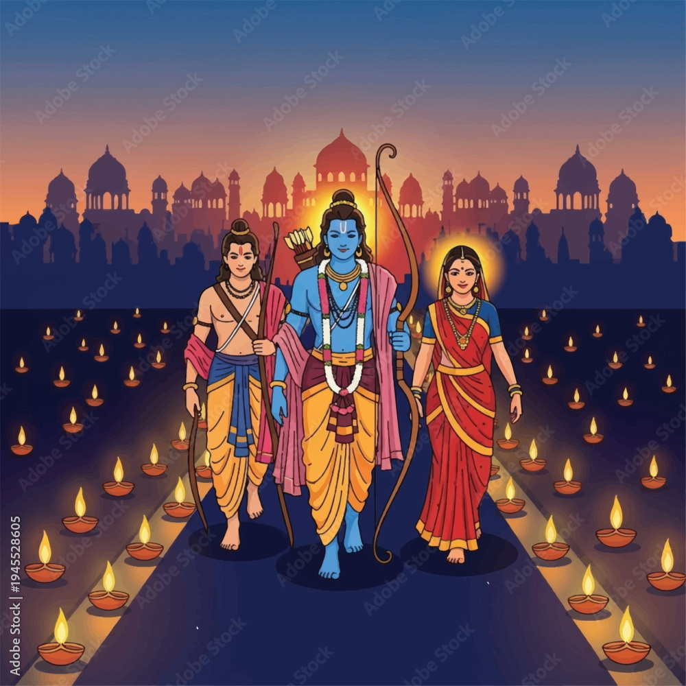 Fototapeta premium Hindu Gods Rama Sita Lakshmana Walking.