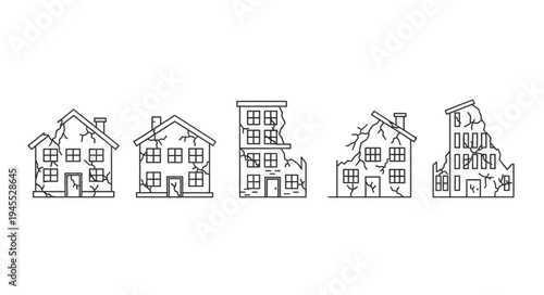 Collection of Damaged Houses in Sketch Style.
