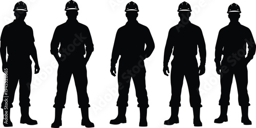 Set of construction worker silhouettes wearing safety helmets standing in different poses isolated on white background, industrial labor workforce concept for engineering and building industry