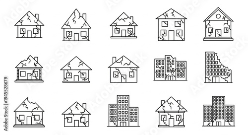 Damaged Buildings Sketch Collection - Post-Disaster Architectural Outlines.