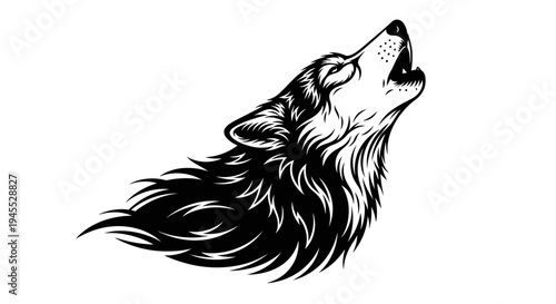 Monochrome Illustration of a Howling Wolf with Detailed Fur.