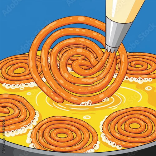 Jalebi being fried in hot oil.