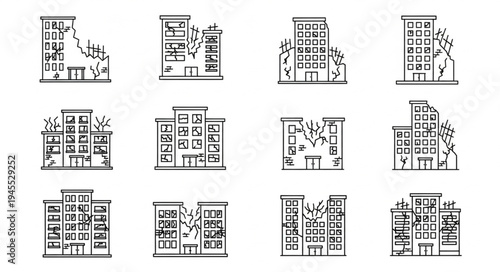 Damaged Buildings - A Collection of Architectural Disaster Icons.