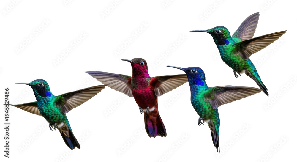 Naklejka premium Four colorful hummingbirds flying PNG isolated on transparent background, vibrant tropical birds with iridescent feathers in dynamic poses