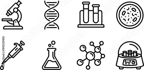 Science and laboratory outline icon set. Medical research, chemistry, and biology vector symbols. Microscope, DNA, flask, molecule, and lab equipment.