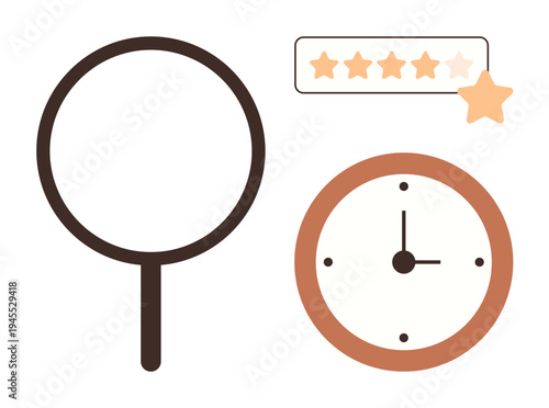 Business evaluation, search process, quality rating, customer feedback, time management, precision tracking. Magnifying glass, clock and star rating symbols. Business evaluation and search concept