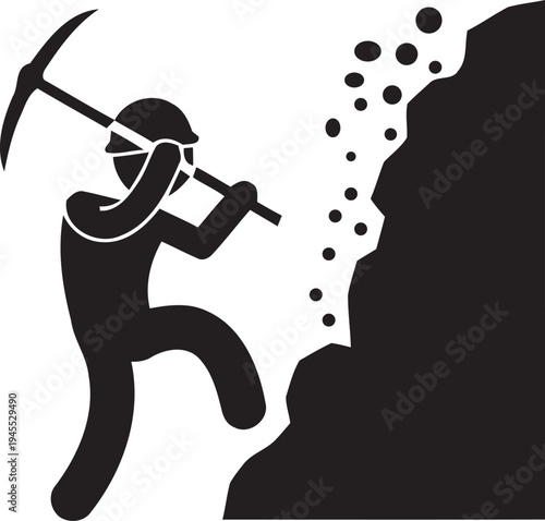 Miner working with a pickaxe, silhouette icon, Man working with pickaxe, mining industry symbol