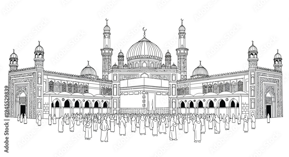 Obraz premium Mosque illustration with people praying, Islamic architecture