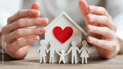 Hands gently cover a small house symbolizing safety and warmth, while wooden figures of a family stand together, representing unity and love in a cozy environment.