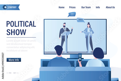 Political show, landing page. Love couple watch tv show with leaders of opposing political parties. People watching political debate. TV evening entertainment concept.