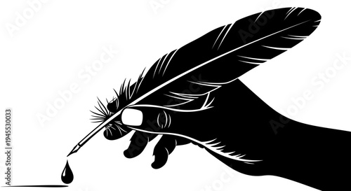 Monochrome image of a hand holding a quill with ink drop.