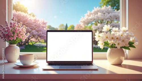 Remote working, spring. laptop with blank screen sits on windowsill surrounded by blooming flowers and cup of coffee, creating serene workspace