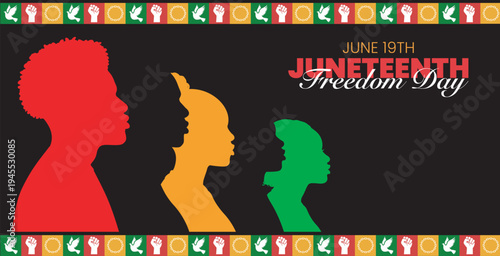 Juneteenth Independence Day Celebration banner with various side profile silhouettes of people and patterns