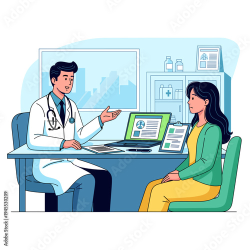 A male doctor in a white coat consults with a female patient in a modern medical office, discussing health and treatment options.