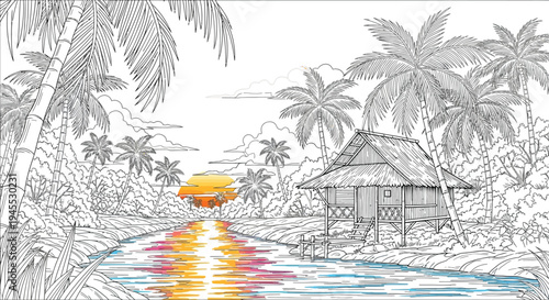 Tropical island landscape with colorful sunset vector