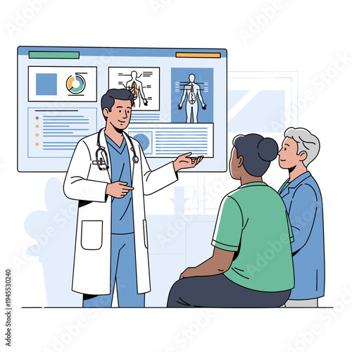 A male doctor explains medical data and anatomical diagrams on a large screen to two attentive patients during a consultation.