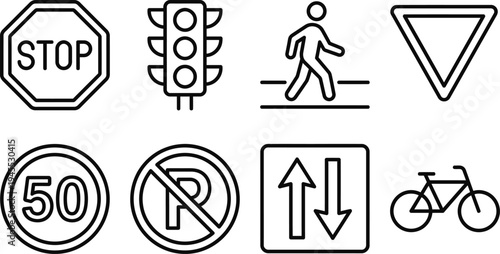 Traffic and road sign outline icon set including stop, traffic light, and pedestrian crossing symbols for transportation, driving safety, and navigation design