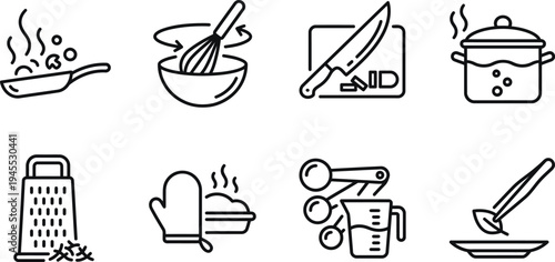 Minimalist Kitchen Utensils and Cooking Line Art Icon Set, Food Preparation Outline Vector Elements for Culinary Design and Restaurant Menus