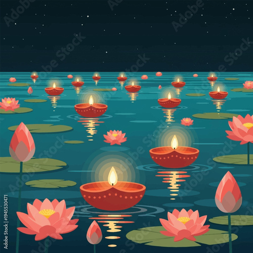 Pink lotus flowers with candles floating.