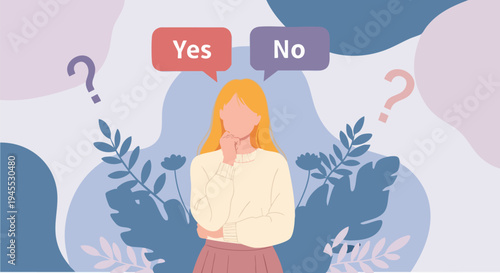 Young Woman Making Decision with Yes or No Options, Question Marks, and Abstract Botanical Background Vector Illustration for Choice and Dilemma Concepts