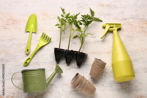 Pots with seedlings and gar...