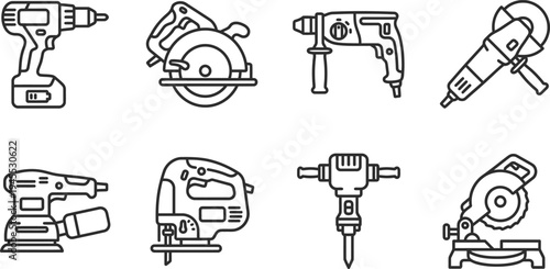 Power tools outline icon set. Construction and carpentry equipment line art collection with drill, saw, grinder, and jackhammer vector illustrations for repair and building concepts.